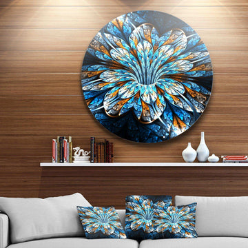 Turquoise Fractal Flower in Dark - Floral Metal Circle Wall Art
